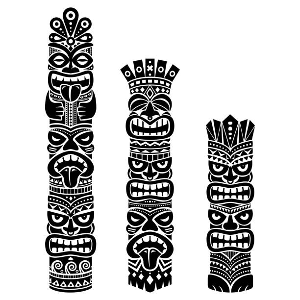 Hawaiian and Polynesia Tiki pole totem vector design - tribal folk art background, two or three heads statue Native tiki illustration from Hawaii and Polynesia in black on white, gods faces with crowns traditionally carved in wood totem pole stock illustrations