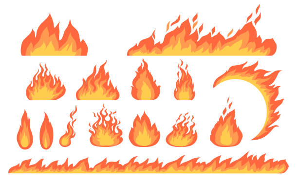 illustrazioni stock, clip art, cartoni animati e icone di tendenza di cartoon fuoco fiamme collezione vettoriale piatta - fumetto simbolo ortografico illustrazioni