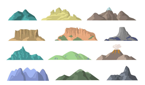 Cartoon mountains flat vector elements Cartoon mountains flat vector elements. Mountain peak, hill top and volcano patterns illustration set for design. Nature landscape, tourism, climbing and hiking concept cliffs stock illustrations