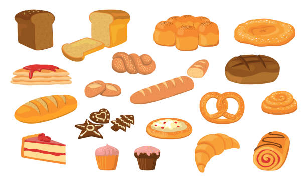 çeşitli ekmekler düz vektör toplama - fırında pişmiş hamur i̇şi illüstrasyonlar stock illustrations