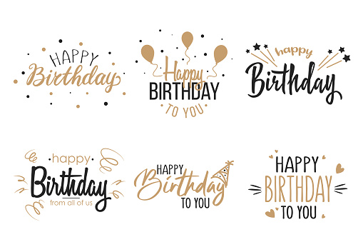 Greeting birthday party calligraphy flat icon collection. Isolated handwritten black and gold inscriptions vector illustration set. Happy birthday celebration concept