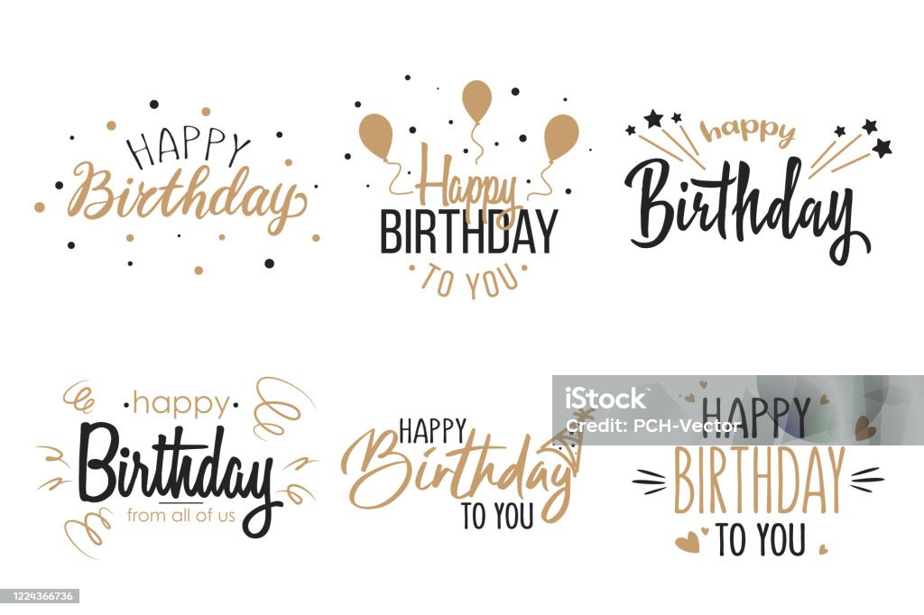 Greeting birthday party calligraphy flat icon collection Greeting birthday party calligraphy flat icon collection. Isolated handwritten black and gold inscriptions vector illustration set. Happy birthday celebration concept Birthday stock vector