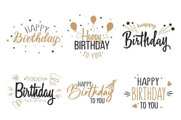 Greeting birthday party calligraphy flat icon collection Greeting birthday party calligraphy flat icon collection. Isolated handwritten black and gold inscriptions vector illustration set. Happy birthday celebration concept happy birthday stock illustrations