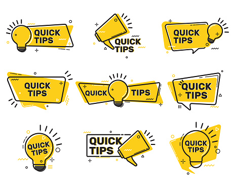 Quick tips flat labels collection. Tricks solution logos and helpful advices vector illustration set. Suggestion and reminder info concept