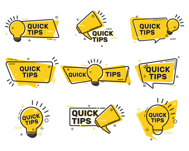 Quick tips flat labels collection Quick tips flat labels collection. Tricks solution logos and helpful advices vector illustration set. Suggestion and reminder info concept stunt stock illustrations