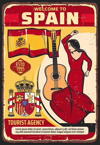 Welcome to Spain, tourism and travel agency vector vintage poster. Spanish culture and historic landmarks tours, flamenco dance and traditional guitar music, Madrid and Seville sightseeing