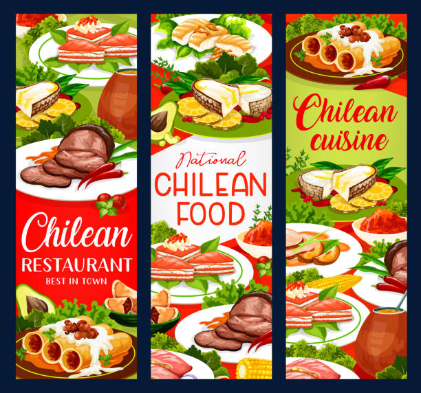 Chilean cuisine, traditional food banners Chilean cuisine food, traditional Latin America menu vector banners. Chile authentic cuisine dishes, salmon and cheese pie, spicy sea bass fish in chili pepper and beef fillet in wine glaze apple pie cheese stock illustrations
