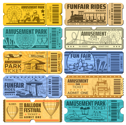 Amusement park tickets , funfair carnival and rides vector admits. Hot air balloons show and karting rides, rollercoaster and kids train, ferris wheel and summer aquapark water amusements