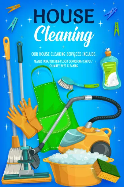 Vector illustration of House cleaning, equipment and tools