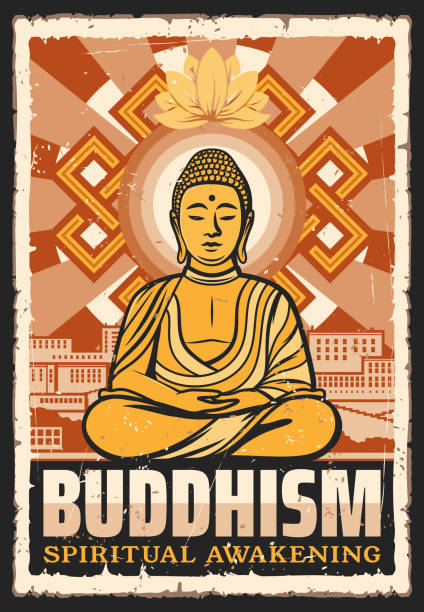 Buddhism meditation and spiritual awakening Buddhism religion, meditation and spiritual awakening buddhist school. Vector vintage grunge poster. Buddha in lotus pose and mudra sign hands with swastika, Tibetan religion and enlightenment dharma chakra stock illustrations