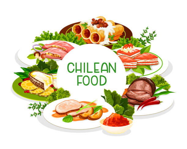 Chilean food, restaurant and bar menu dishes Chilean cuisine, vector menu cover, traditional Latin South America food dishes. Chilean restaurant lunch and dinner salmon pie with cheese, pork fillet with apples and cannelloni with mushrooms apple pie cheese stock illustrations