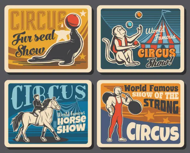 Vector illustration of Circus, marquee and carnival show retro posters