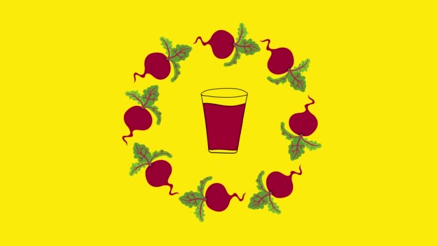Footage of loop animation of hand drawn cartoon illustration with beet juice in glass vegetable wreath from beetroot rotating around on yellow chroma key
