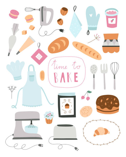 벡터 클립 아트를 요리. 흰색 배경에 격리 된 베이킹 그림. 귀여운 손으로 그린 베이커리 세트 - bun bread cake dinner stock illustrations