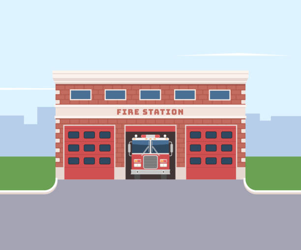 Fire station with a fire truck Fire station with a fire truck on a cityscape background. Vector illustration fire station stock illustrations