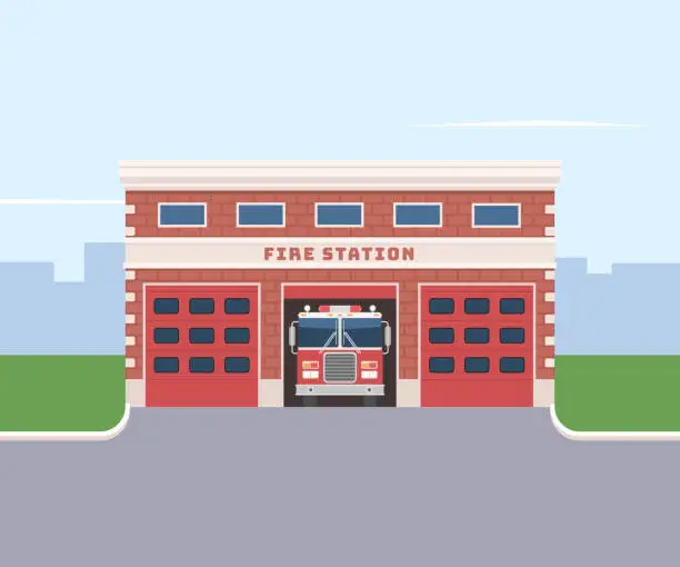 Vector illustration of Fire station with a fire truck