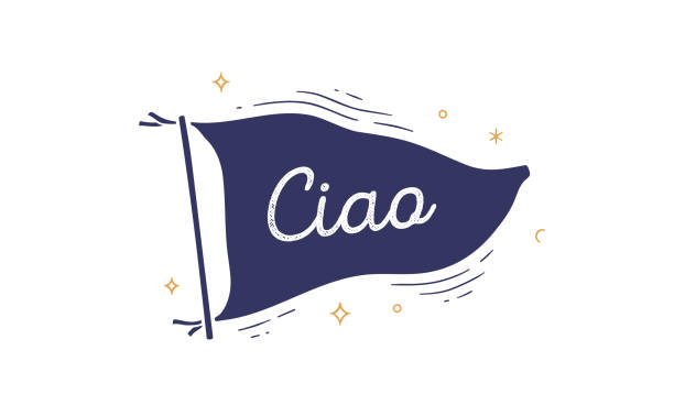 ciao. flagge gravieren. alte vintage trendige flagge - ciao stock-grafiken, -clipart, -cartoons und -symbole