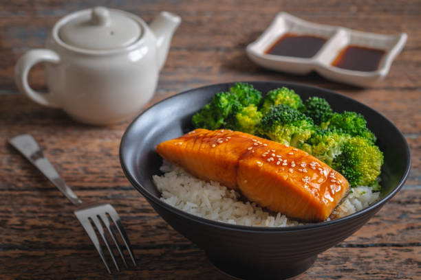 istock Salmon teriyaki with rice and vegetable in bowl 1224371310