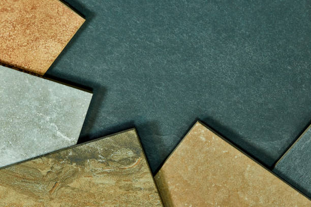 istock Frame of various decorative tiles samples. Colorful samples of a stone tile in store. Copy space. Top view, flat lay. 1224371684