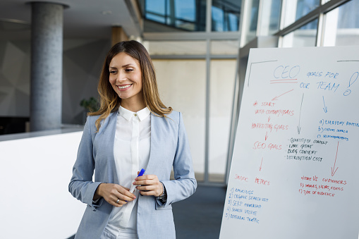 Young business woman having presentation in front of coworkers