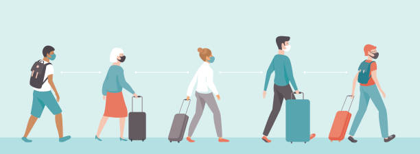 passengers wearing protective medical masks keeping distance in airport departure area. Travel during coronavirus COVID-19 disease outbreak. passengers wearing protective medical masks keeping distance in airport departure area. Travel during coronavirus COVID-19 disease outbreak. Concept flat vector illustration people standing in line social distance stock illustrations