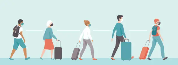 Vector illustration of passengers wearing protective medical masks keeping distance in airport departure area. Travel during coronavirus COVID-19 disease outbreak.