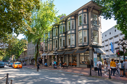 VANCOUVER, CANADA - August 3: Water street of Gastown, the oldest district of the city, on August 3, 2019 in Vancouver BC