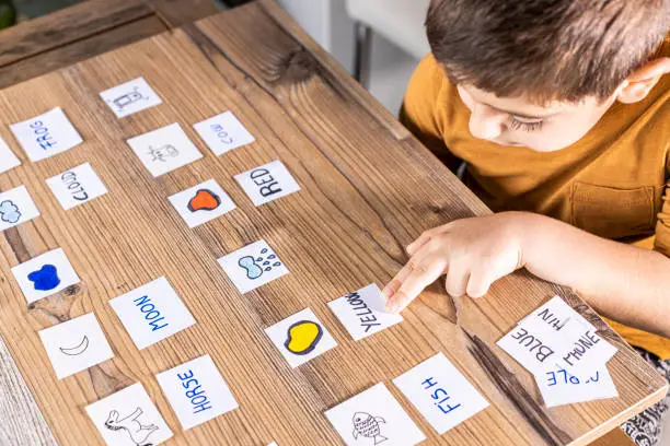 Photo of Little kid playing with cards of words and pictures.