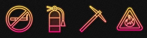 Vector illustration of Set line Pickaxe, No Smoking, Fire extinguisher and Fire flame in triangle. Glowing neon icon. Vector