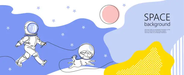 Vector illustration of Astronaut walks with a dog. A dog in space. Illustration on the theme of astronomy. One line drawing.