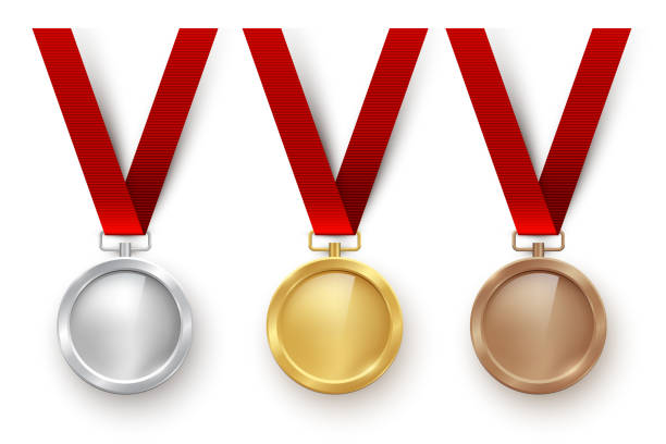 illustrazioni stock, clip art, cartoni animati e icone di tendenza di medaglie bianche dorate, argentee e bronzo appese a nastri rossi isolati su sfondo bianco. illustrazione sportiva vettoriale. - medal achievement russia second place