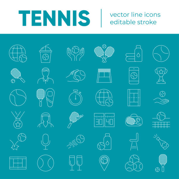 ilustrações, clipart, desenhos animados e ícones de conjunto de 36 ícones de linha vetorial, - tennis court sport net