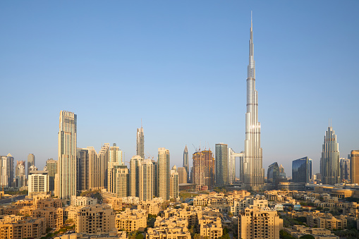 Dubai, United Arab Emirates - November 19, 2019: Burj Khalifa skyscraper and city view in the early morning sunlight