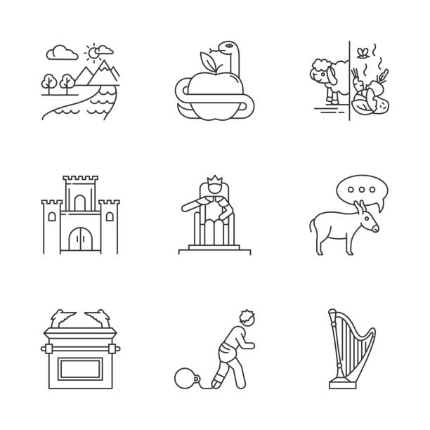 Bible narratives linear icons set. Adam and Eve, Solomon Temple myths. Religious legends. Biblical stories plot. Thin line contour symbols. Isolated vector outline illustrations. Editable stroke Bible narratives linear icons set. Adam and Eve, Solomon Temple myths. Religious legends. Biblical stories plot. Thin line contour symbols. Isolated vector outline illustrations. Editable stroke solomon stock illustrations