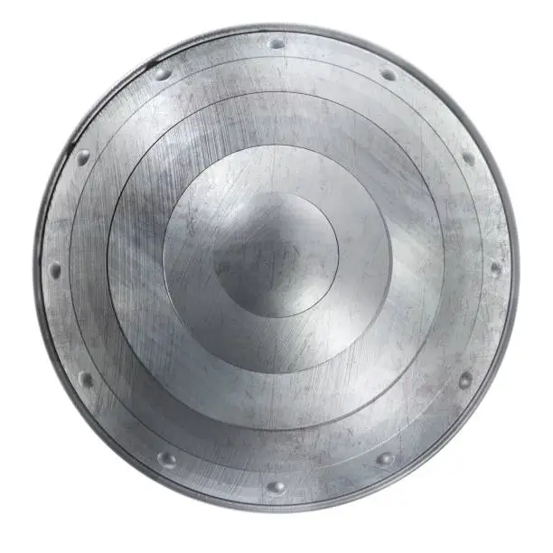 Round Shield Clipart Image with Scratched Metal Texture. Isolated on White. 3D Illustration with Clipping Path.