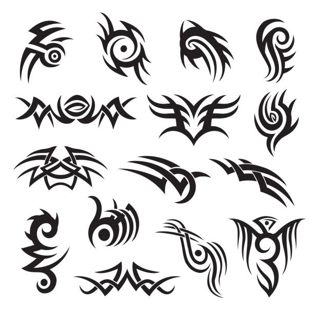 Set of tribal style tattoo design, arm band, adornment, decoration. Folk motif vector collection. Set of tribal style tattoo design, arm band, adornment, decoration. Folk motif, image of eye, snake, bird, spider, flame, wave, swirl. Vector black monochrome illustration collection isolated on white spider tribal tattoo stock illustrations