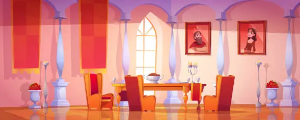 Vector illustration of Dining room interior in medieval royal castle