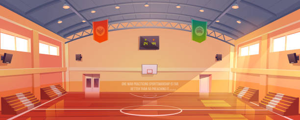 Basketball court with hoop, tribune and scoreboard Basketball court with hoop, tribune and scoreboard. Vector cartoon illustration of empty school gym, sport ground with wooden floor, fan seats for game tournament and competition scoreboard stadium sport seat stock illustrations