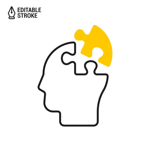 Head with puzzle piece icon. Concept of whole person. Vector outline icon with editable stroke Head with puzzle piece icon. Concept of whole person. Vector outline icon with editable stroke memories stock illustrations