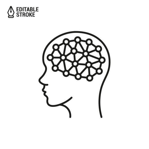 głowa z ikoną połączeń nerwowych. ludzki mózg w postaci połączeń nerwowych. ikona konturu wektorowego z edytowalnym obrysem - brain nerve cell healthcare and medicine technology stock illustrations