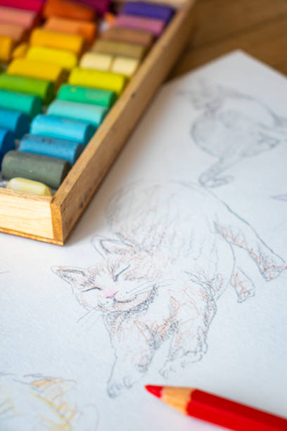 istock Crayon and cat drawn in sketchbook. 1224383337