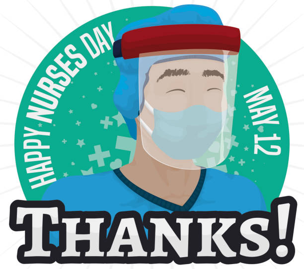 Thankful Button with Happy Male Nurse Celebrating Nurse Day Happy male nurse over a round button with cross, hearts and stars silhouettes, wearing PPE and face shield, receiving gratitude and thanks during Nurses Day celebration in May 12. nurse face shield stock illustrations