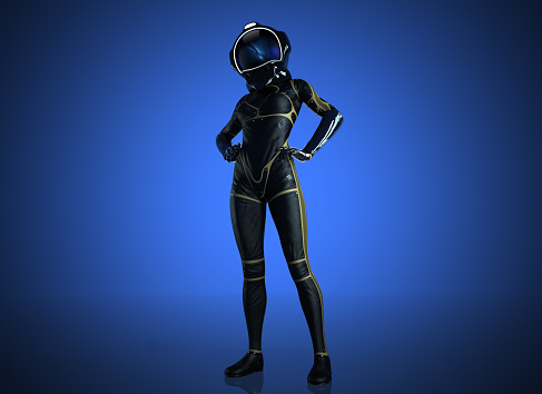 female futuristic astronaut dressed suit with helmet on blue background.- 3d render