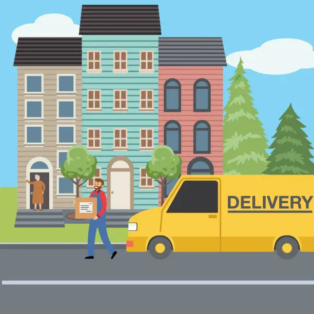 Vector illustration of Home Delivery Truck In Front Of A House