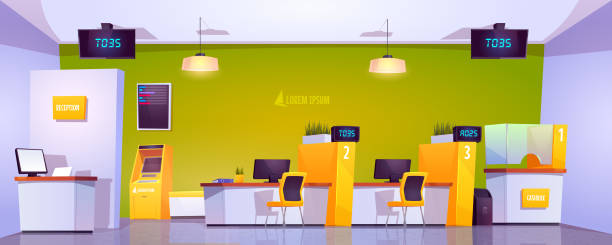 Bank office interior with atm, cash box and tables Bank office interior with atm, cash box, staff desk and reception counter. Vector cartoon illustration of empty bank lobby with furniture, queue displays and automated teller machine exchange teller stock illustrations