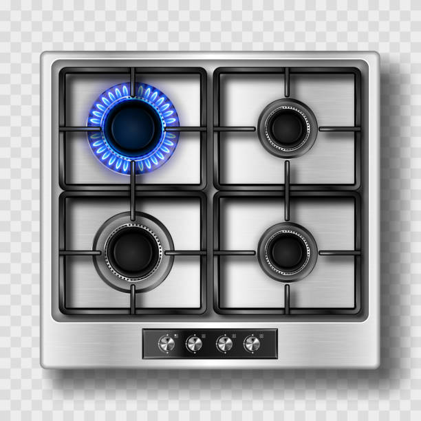 Gas stove top view with blue flame and steel grate Gas stove top view with blue flame and black steel grate. Kitchen burner with lit and off hobs. Realistic 3d vector burning propane butane flame in cooking oven isolated on transparent background burner stove top stock illustrations