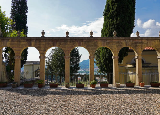 The curved colonnade of the Certosa cemetery in Ferrara, Italy.