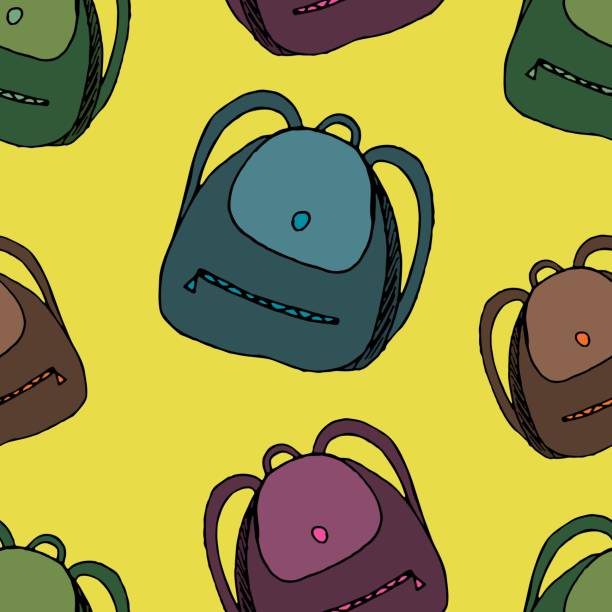 vector seamless pattern, school bags on a yellow background hand-drawn vector seamless pattern, colored school bags on a yellow background kindergarten portfolio stock illustrations
