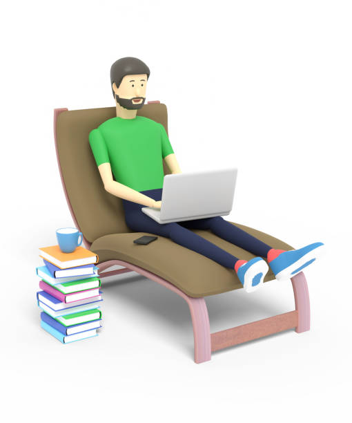 istock Young man is sitting on the couch and working on laptop. White background. 3D illustration 1224387280