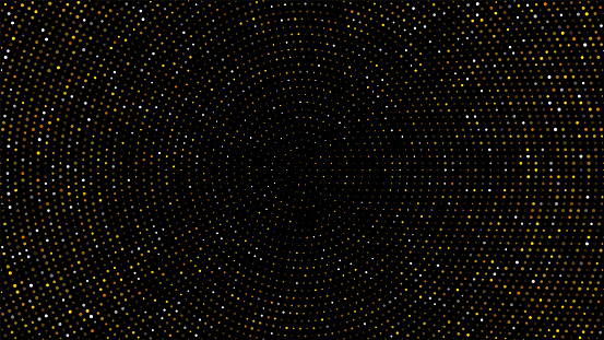 Gold and silver halftone black background. Vector golden glitter circle with dotted sparkles or halftone shine pattern texture black background. Golden circles, dots pattern, vector, grunge